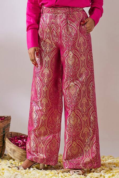 Gulaal Pink Cotton Satin, Handloom Cotton, Brocade Long Sleeve Top And Pant Set Online at Aza Fashions Gulaal_Pink Cotton Satin, Handloom Cotton, Brocade Long Sleeve Top And Pant Set_Online_at_Aza_Fashions