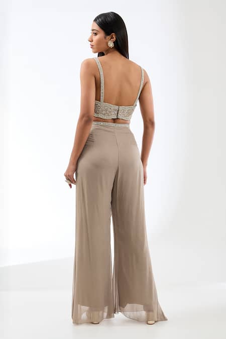 Shop_Rabani & Rakha_Beige Net, Georgette Sequins, Beads, Noor Checkered Jacket Palazzo Set _Online_at_Aza_Fashions