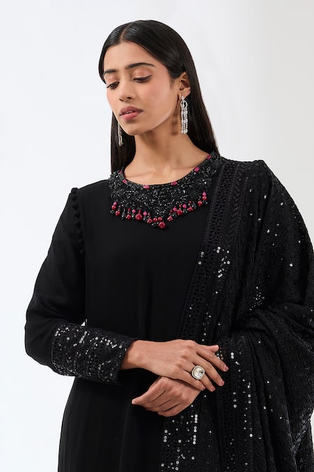 Buy_Rabani & Rakha_Black Georgette, Lycra Sequins, Stones, Embroidery Round Neck Ayat Kurta Set _Online_at_Aza_Fashions