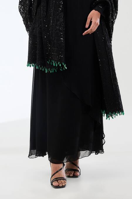 Rabani & Rakha_Black Georgette, Lycra Sequins, Stones, Embroidery Ayat Yoke Layered Kurta Set _Online_at_Aza_Fashions