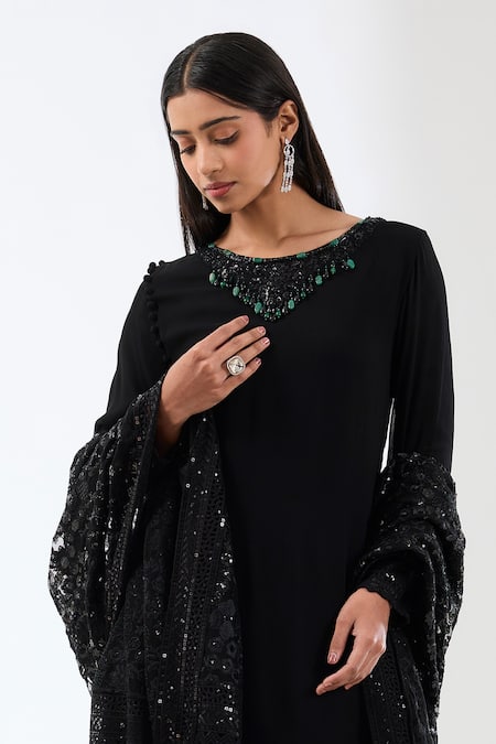 Buy_Rabani & Rakha_Black Georgette, Lycra Sequins, Stones, Embroidery Ayat Yoke Layered Kurta Set _Online_at_Aza_Fashions