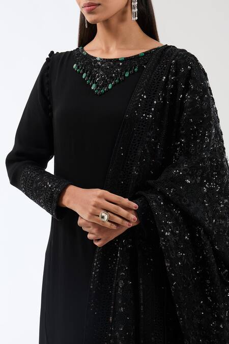 Shop_Rabani & Rakha_Black Georgette, Lycra Sequins, Stones, Embroidery Ayat Yoke Layered Kurta Set _Online_at_Aza_Fashions