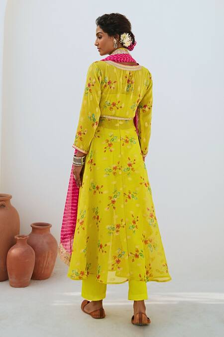 Shop_Myaara_Green Tissue, Chanderi, Georgette, Cotton Sequins, Floral Print Kurta Pant Set _at_Aza_Fashions