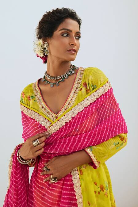 Shop_Myaara_Green Tissue, Chanderi, Georgette, Cotton Sequins, Floral Print Kurta Pant Set 