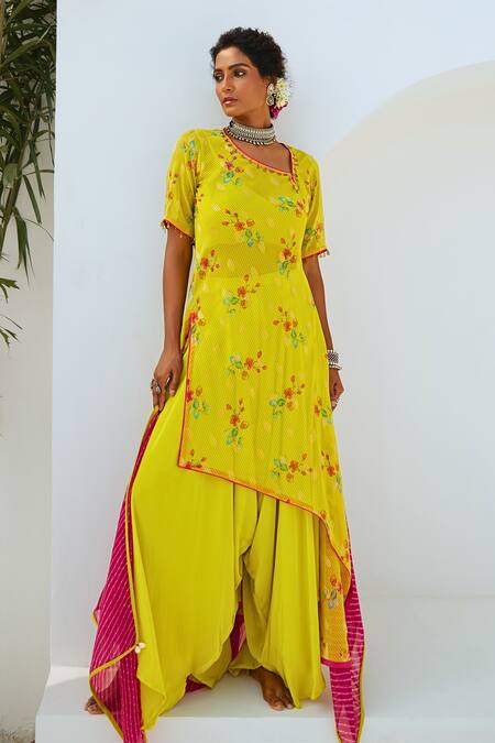 Myaara_Green Tissue, Chanderi, Cotton, Crepe, Georgette Floral Print Kurta Pant Set _Online_at_Aza_Fashions