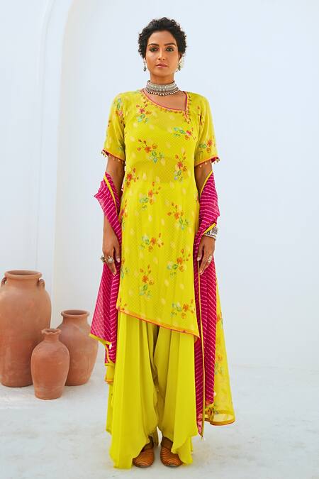 Buy_Myaara_Green Tissue, Chanderi, Cotton, Crepe, Georgette Floral Print Kurta Pant Set 