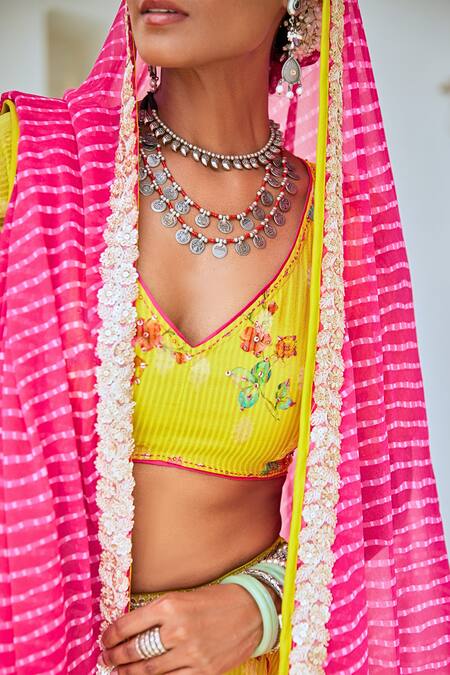 Shop_Myaara_Green Tissue, Chanderi, Georgette Sequins, Embroidery Floral Print Lehenga Set _Online_at_Aza_Fashions