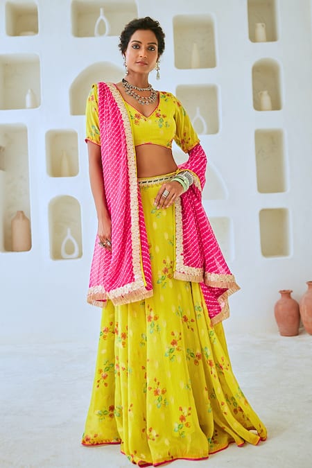 Buy_Myaara_Green Tissue, Chanderi, Georgette Sequins, Embroidery Floral Print Lehenga Set 