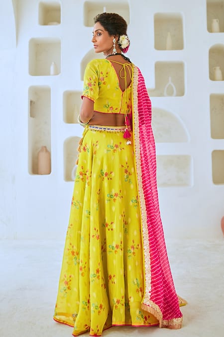 Shop_Myaara_Green Tissue, Chanderi, Georgette Sequins, Embroidery Floral Print Lehenga Set 