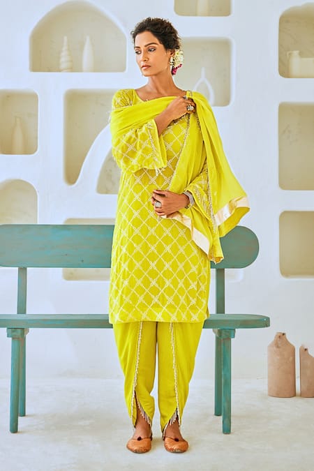 Myaara_Green Georgette, Cotton, Organza Tassels Mukaish Detailed Kurta Tulip Pant Set _Online_at_Aza_Fashions