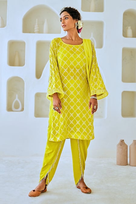 Buy_Myaara_Green Georgette, Cotton, Organza Tassels Mukaish Detailed Kurta Tulip Pant Set _Online_at_Aza_Fashions