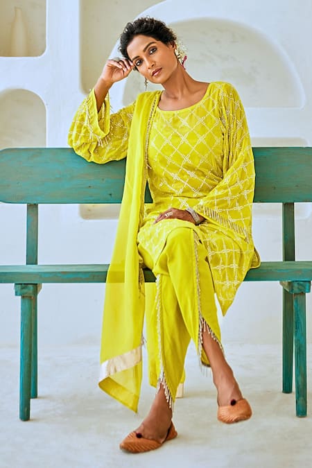 Shop_Myaara_Green Georgette, Cotton, Organza Tassels Mukaish Detailed Kurta Tulip Pant Set _Online_at_Aza_Fashions