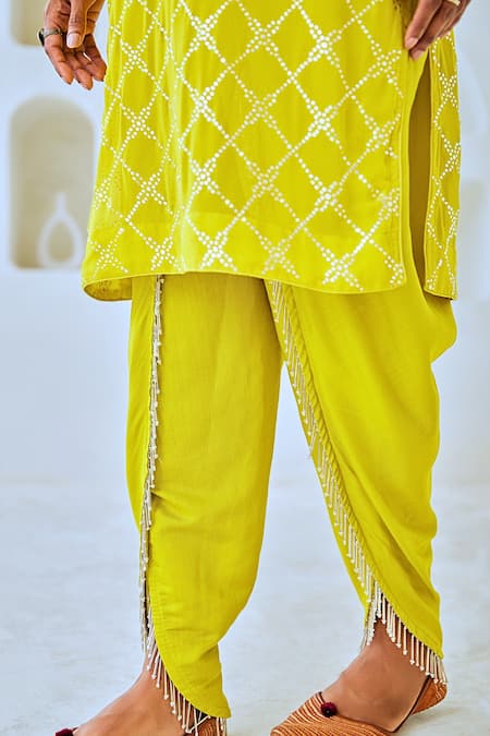 Myaara_Green Georgette, Cotton, Organza Tassels Mukaish Detailed Kurta Tulip Pant Set _at_Aza_Fashions