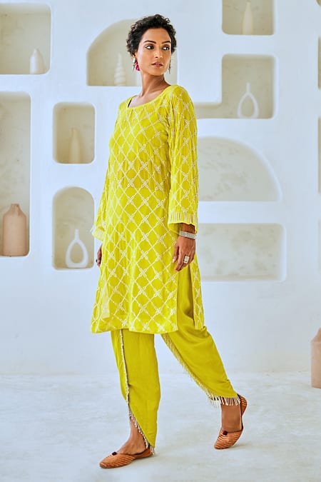 Buy_Myaara_Green Georgette, Cotton, Organza Tassels Mukaish Detailed Kurta Tulip Pant Set 