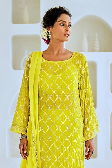 Shop_Myaara_Green Georgette, Cotton, Organza Tassels Mukaish Detailed Kurta Tulip Pant Set 