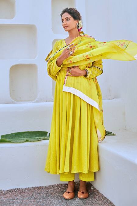 Myaara Green Chanderi, Viscose, Cotton, Tissue Tassels, Mukaish Detailed Anarkali Set Online at Aza Fashions Myaara_Green Chanderi, Viscose, Cotton, Tissue Tassels, Mukaish Detailed Anarkali Set _Online_at_Aza_Fashions