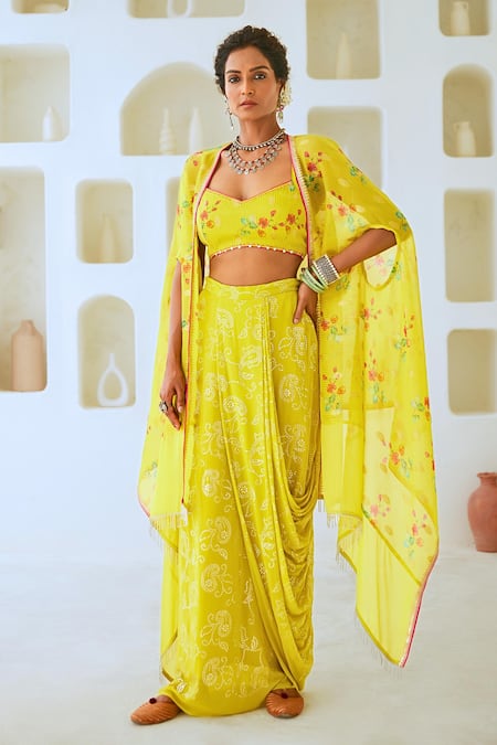 Myaara Green Blouse And Cape Tissue Chanderi Embellished Mukaish Floral Print Skirt Set 