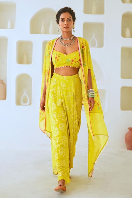 Myaara Green Tissue, Chanderi, Georgette Embroidery, Floral Print Blouse Skirt Set Online at Aza Fashions Myaara_Green Tissue, Chanderi, Georgette Embroidery, Floral Print Blouse Skirt Set _Online_at_Aza_Fashions