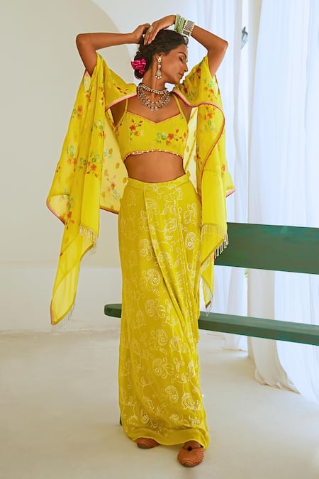 Buy Myaara Green Tissue, Chanderi, Georgette Embroidery, Floral Print Blouse Skirt Set Online at Aza Fashions Buy_Myaara_Green Tissue, Chanderi, Georgette Embroidery, Floral Print Blouse Skirt Set _Online_at_Aza_Fashions