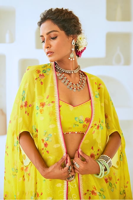 Myaara Green Tissue, Chanderi, Georgette Embroidery, Floral Print Blouse Skirt Set at Aza Fashions Myaara_Green Tissue, Chanderi, Georgette Embroidery, Floral Print Blouse Skirt Set _at_Aza_Fashions