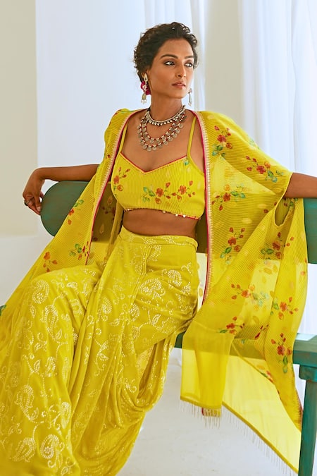 Shop Myaara Green Tissue, Chanderi, Georgette Embroidery, Floral Print Blouse Skirt Set Shop_Myaara_Green Tissue, Chanderi, Georgette Embroidery, Floral Print Blouse Skirt Set