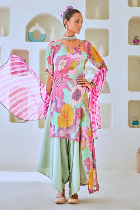 Myaara Floral Print Kurta Draped Pant Set 