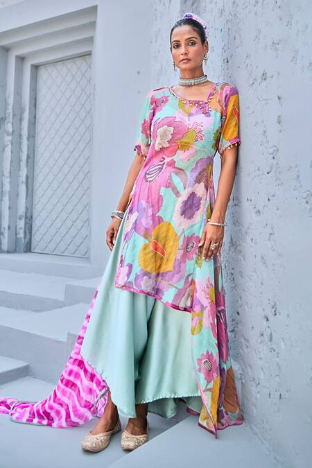Myaara_Blue Tissue, Cotton, Satin, Georgette Floral Print Kurta Draped Pant Set _Online_at_Aza_Fashions