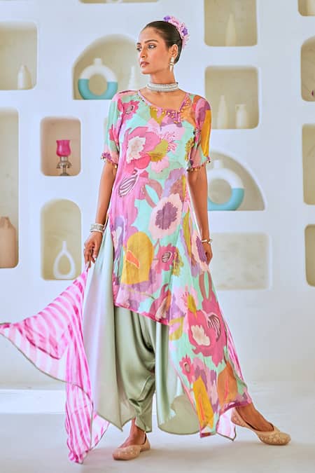 Buy_Myaara_Blue Tissue, Cotton, Satin, Georgette Floral Print Kurta Draped Pant Set _Online_at_Aza_Fashions