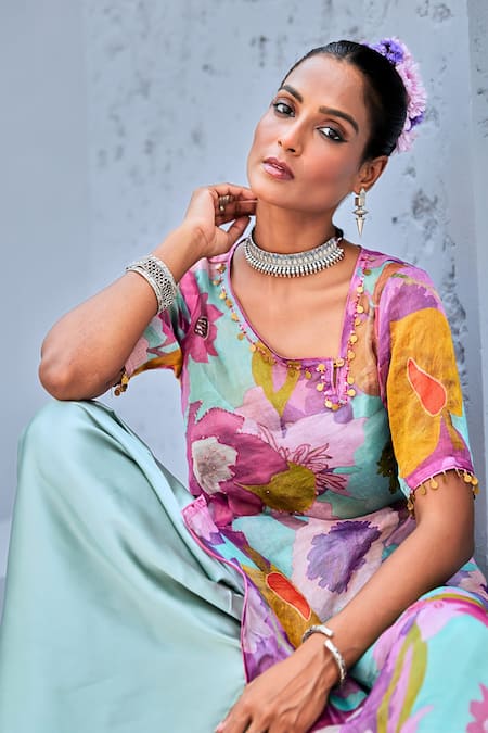 Shop_Myaara_Blue Tissue, Cotton, Satin, Georgette Floral Print Kurta Draped Pant Set _Online_at_Aza_Fashions