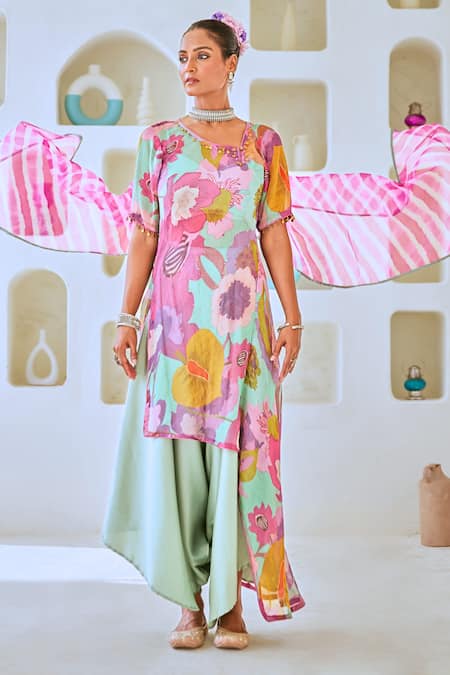 Myaara_Blue Tissue, Cotton, Satin, Georgette Floral Print Kurta Draped Pant Set _at_Aza_Fashions