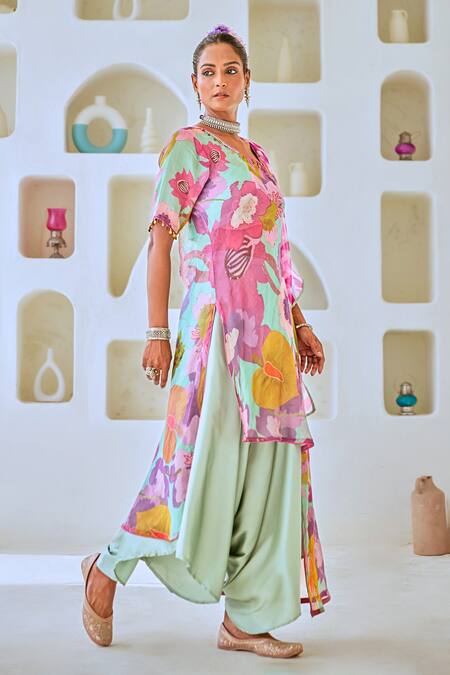 Buy_Myaara_Blue Tissue, Cotton, Satin, Georgette Floral Print Kurta Draped Pant Set 