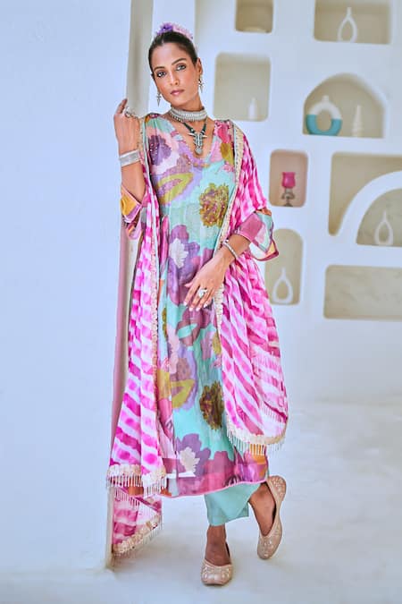 Myaara_Blue Tissue, Cotton, Georgette Sequins Floral Print Straight Kurta Pant Set _Online_at_Aza_Fashions