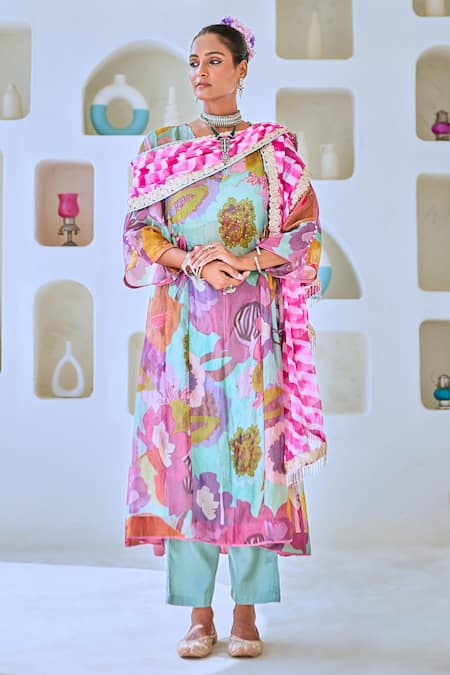 Buy_Myaara_Blue Tissue, Cotton, Georgette Sequins Floral Print Straight Kurta Pant Set _Online_at_Aza_Fashions