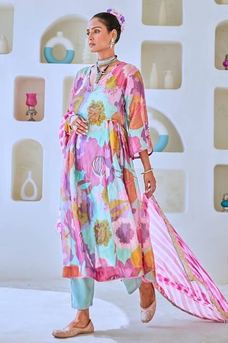 Shop_Myaara_Blue Tissue, Cotton, Georgette Sequins Floral Print Straight Kurta Pant Set _Online_at_Aza_Fashions