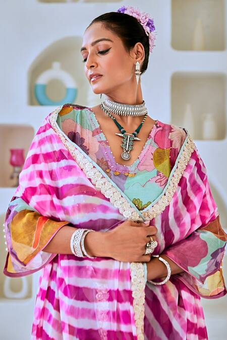 Myaara_Blue Tissue, Cotton, Georgette Sequins Floral Print Straight Kurta Pant Set _at_Aza_Fashions