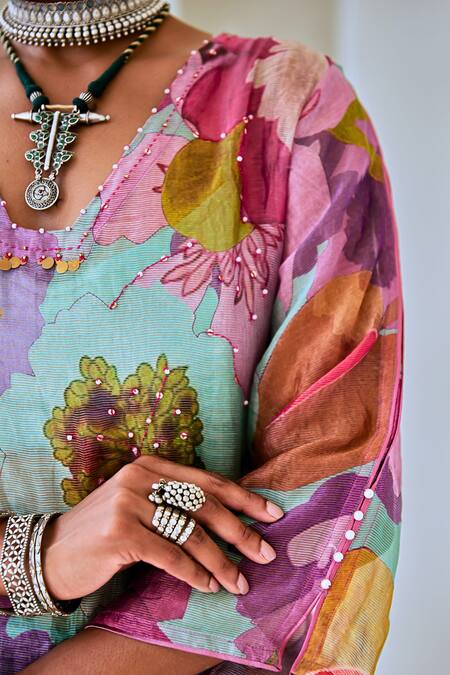 Buy_Myaara_Blue Tissue, Cotton, Georgette Sequins Floral Print Straight Kurta Pant Set 