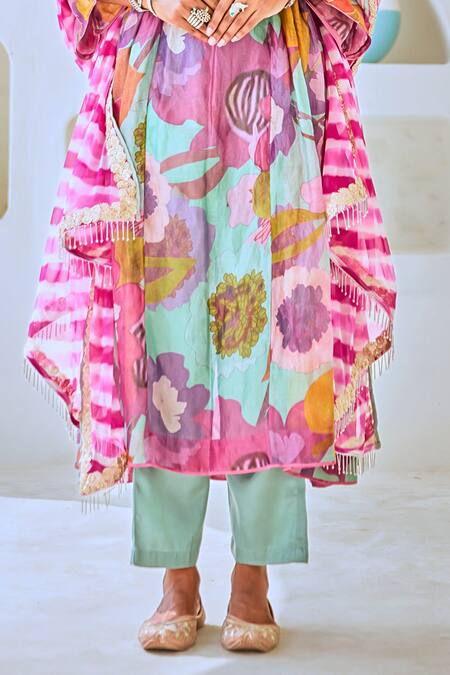 Shop_Myaara_Blue Tissue, Cotton, Georgette Sequins Floral Print Straight Kurta Pant Set 