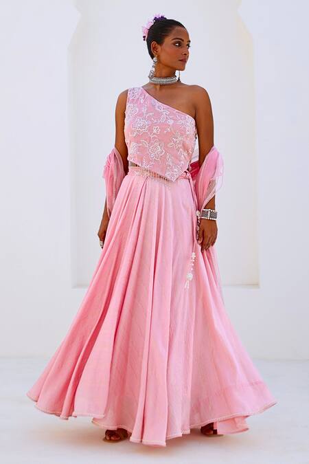 Myaara_Pink Tissue, Chanderi, Viscose, Organza Tassels, Floral Blouse Lehenga Set _Online_at_Aza_Fashions