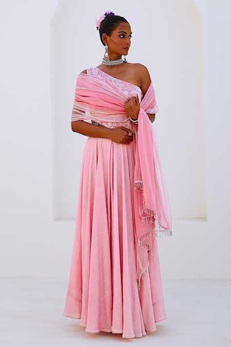 Buy_Myaara_Pink Tissue, Chanderi, Viscose, Organza Tassels, Floral Blouse Lehenga Set _Online_at_Aza_Fashions