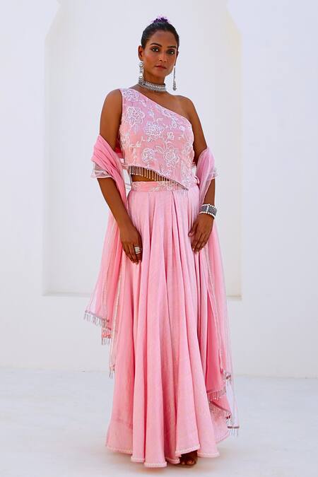 Shop_Myaara_Pink Tissue, Chanderi, Viscose, Organza Tassels, Floral Blouse Lehenga Set _Online_at_Aza_Fashions