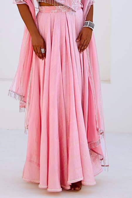 Myaara_Pink Tissue, Chanderi, Viscose, Organza Tassels, Floral Blouse Lehenga Set _at_Aza_Fashions