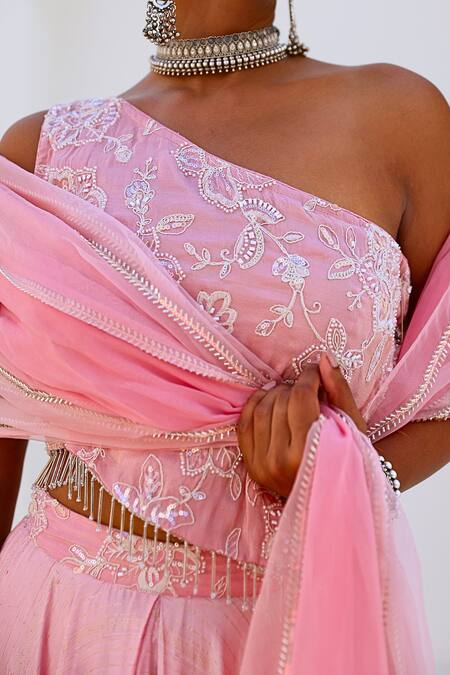 Buy_Myaara_Pink Tissue, Chanderi, Viscose, Organza Tassels, Floral Blouse Lehenga Set 