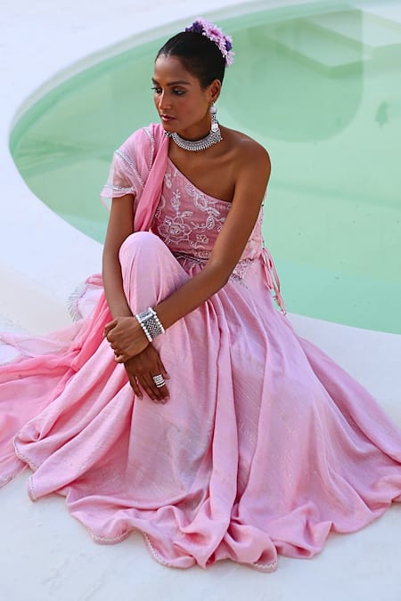 Shop_Myaara_Pink Tissue, Chanderi, Viscose, Organza Tassels, Floral Blouse Lehenga Set 