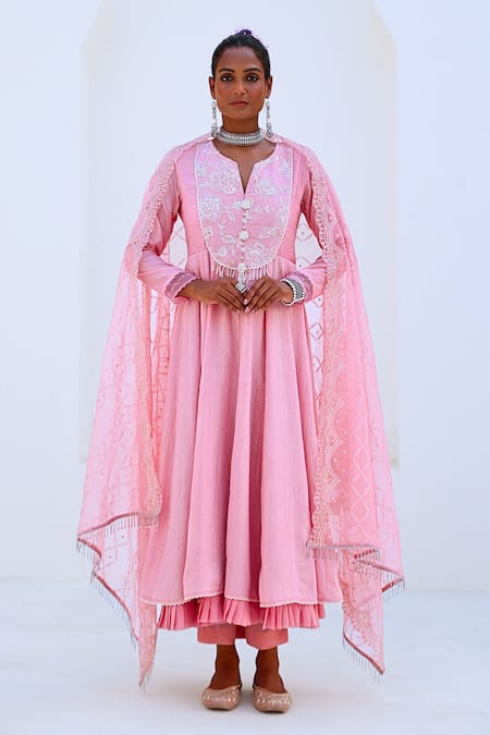 Myaara Pink Blouse Tissue Embroidered Floral Notched Round Bead Yoke Anarkali Set 