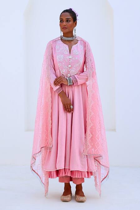Buy_Myaara_Pink Tissue, Chanderi, Organza, Viscose Tassels, Embroidered Yoke Anarkali Set _Online_at_Aza_Fashions