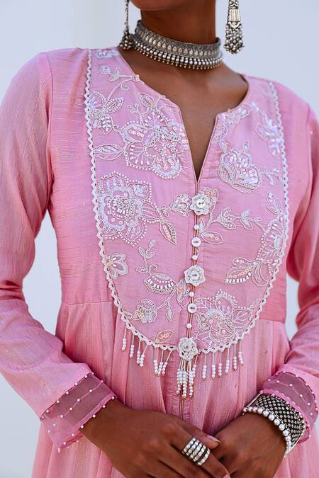 Shop_Myaara_Pink Tissue, Chanderi, Organza, Viscose Tassels, Embroidered Yoke Anarkali Set _Online_at_Aza_Fashions