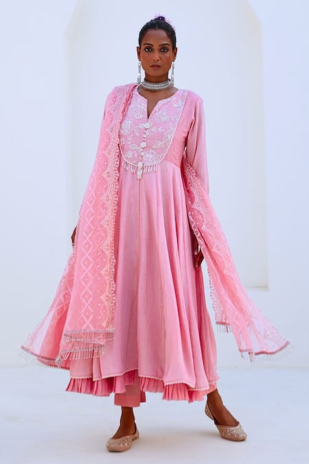Buy_Myaara_Pink Tissue, Chanderi, Organza, Viscose Tassels, Embroidered Yoke Anarkali Set 