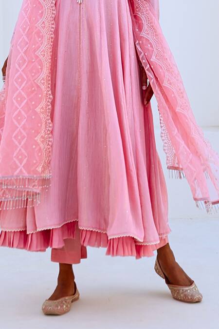 Shop_Myaara_Pink Tissue, Chanderi, Organza, Viscose Tassels, Embroidered Yoke Anarkali Set 