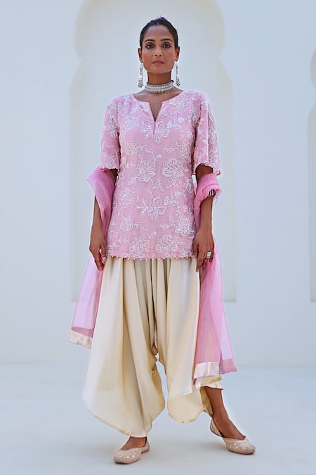 Myaara Pink Kurta Tissue Embroidered Floral Notched Round Short Pant Set 