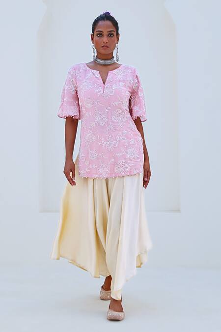 Myaara Pink Tissue, Satin, Organza Embroidery, Beads Round Floral Short Kurta Pant Set at Aza Fashions Myaara_Pink Tissue, Satin, Organza Embroidery, Beads Round Floral Short Kurta Pant Set _at_Aza_Fashions